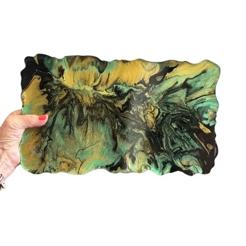 Acrylic Pour Art Resin Black Teal Gold Tray Irregular Edges